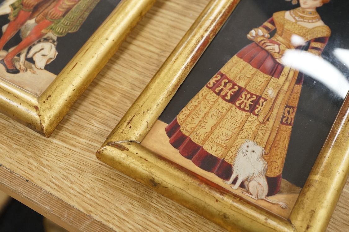 After Lucas Cranach the Elder (German, 1472-1553), portraits of Henry IV, The Pious Duke of Saxony and Duchess Katharina Von Mecklenburg, pair of 19th century gouaches, unsigned, 19 x 9cm, gilt framed